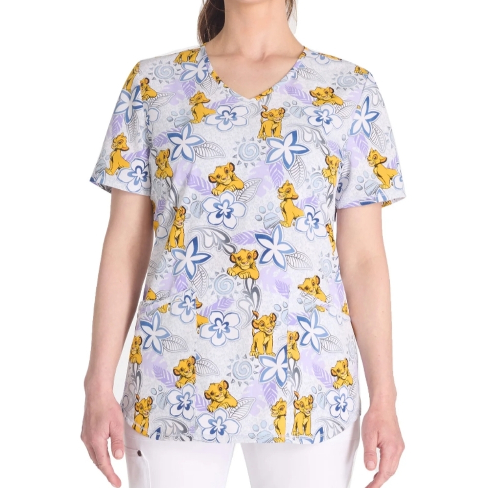 Scrubstar Women's Size M Floral Skin V-Neck Print Scrub Top Lion King Disney NWT